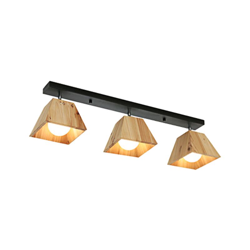 Black/White Linear Semi Flushmount Lamp with Trapezoid Wooden Shade Modern 2/3-Bulb Semi Flush Ceiling Fixture