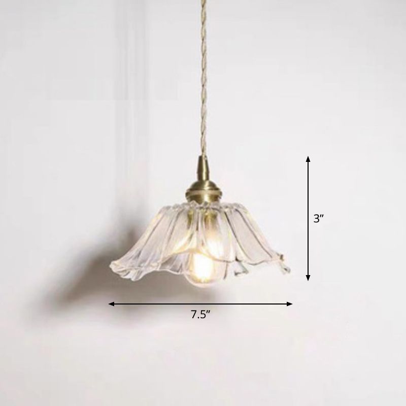 Pendante 1-Light Light Antique Floral Shade Ruffle Glass Hanging Lightture en laiton