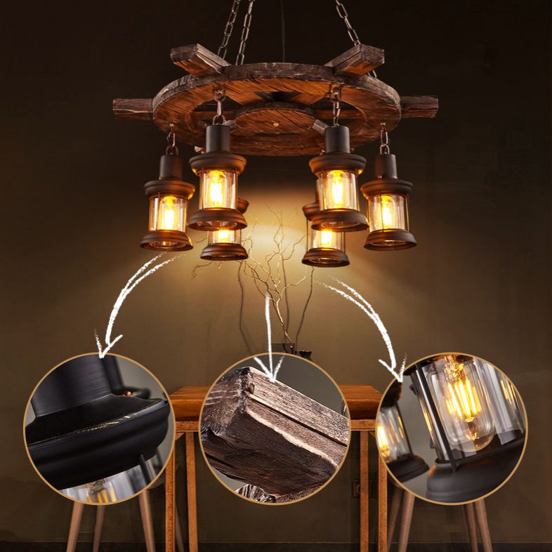 Wooden Brown Bar Pendant Light in Industrial Vintage Style Wrought Iron Hanging Lamp with Glass Shade