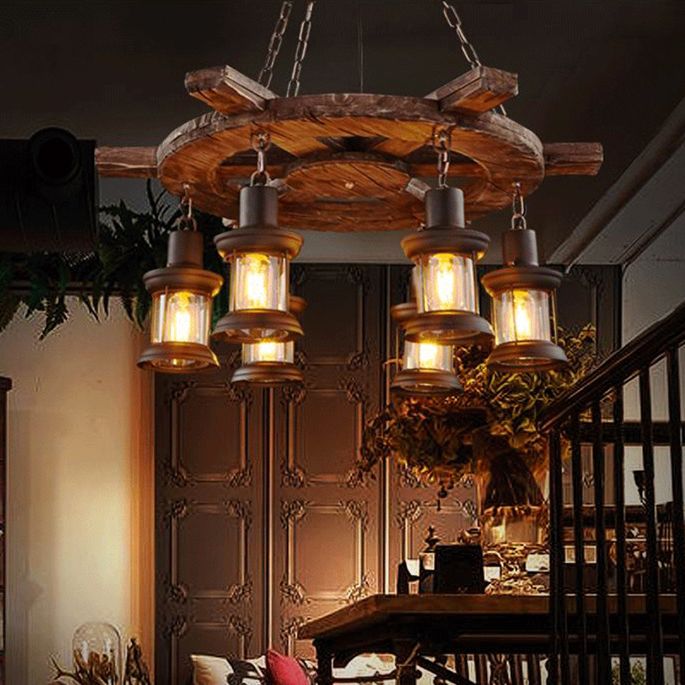 Black Wooden Boat Chandelier Retro Industrial Circular 6 Light Suspension Light for Dining Room Table