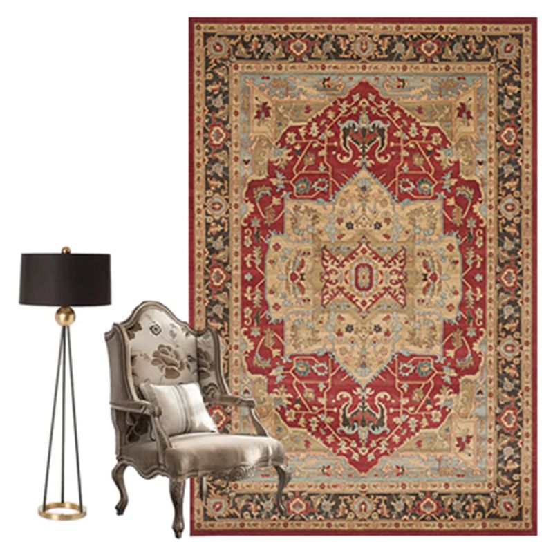 Nostalgia Ethnic Floral Print Rug Red Tone Polyester Area Carpet Stain Resistant Rug for Living Room