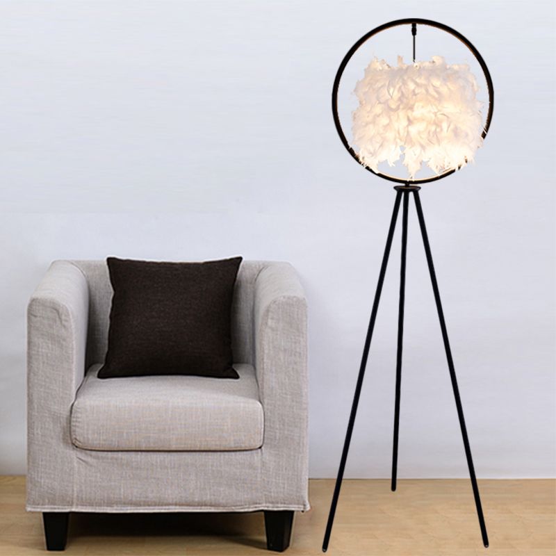 Black/Gold Ring Tripod Floor Light Postmodern 1 Bulb Metal Standing Floor Lamp with Feather Shade