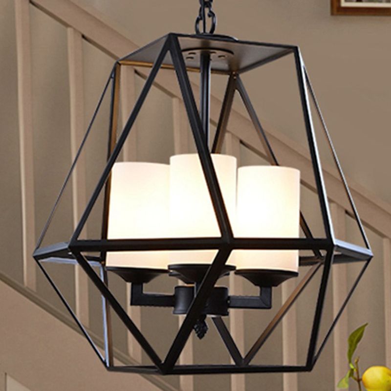 Geometric Dining Room Pendant Chandelier Industrial Opal Glass 3/4 Light Black Hanging Fixture with Cage