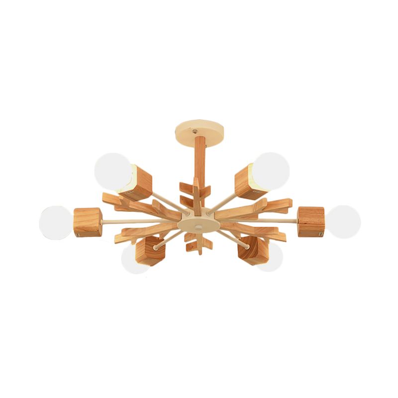 Nordic Starburst Semi Flush Light Wood 3/6 Heads Living Room Ceiling Mount Chandelier with Exposed Bulb Design