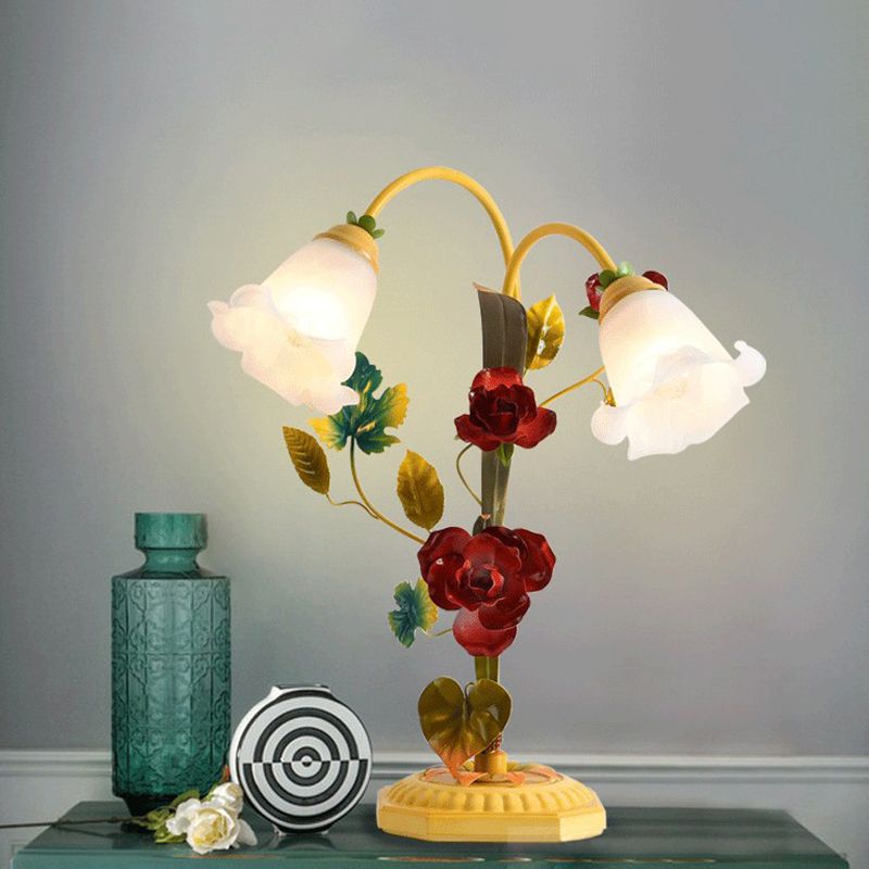 Frosted Glass Yellow Table Lamp Flower Single Bulb Antique Rose Night Light with Arched Arm