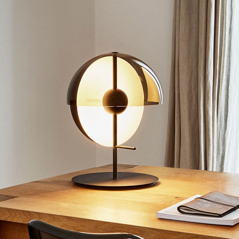 Cut Sphere Shaped Nightstand Lamp Mid-Century Amber Glass Single Black Table Lighting for Living Room