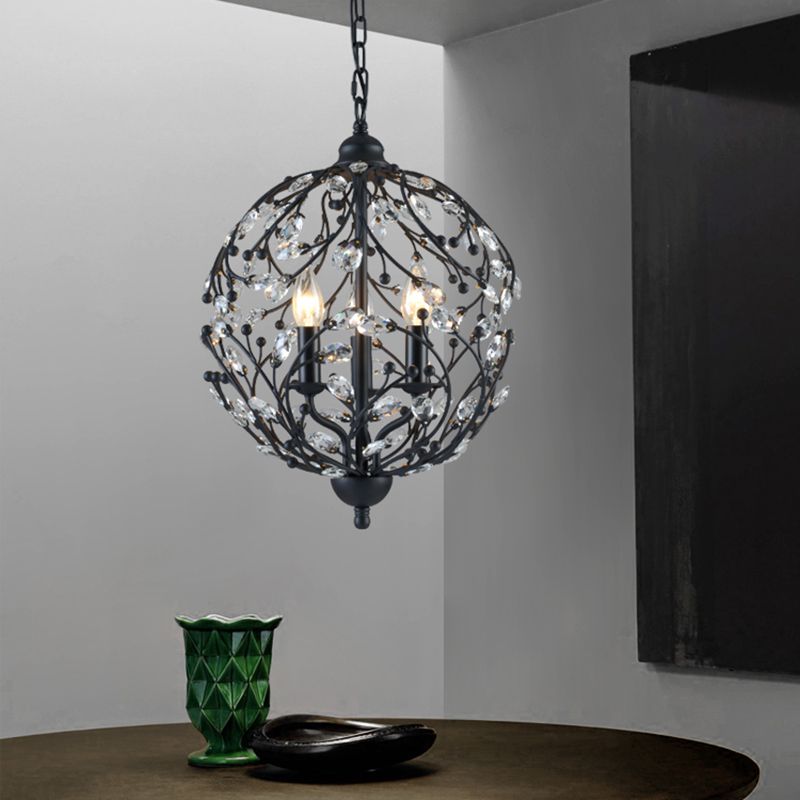 Black Globe Chandelier Pendant Light Artistic Modern 3-Light Crystal Ceiling Light