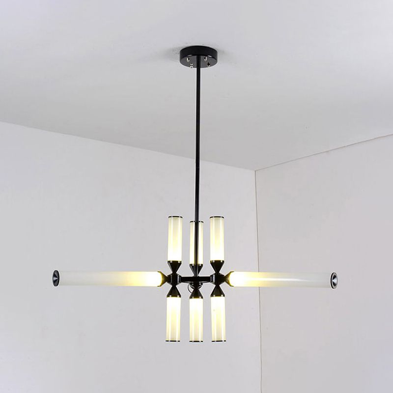 Cylinder Hanging Chandelier Contemporary Metal 9/12/18 Lights Black Pendant Lamp with White/Chrome/Amber Glass Shade