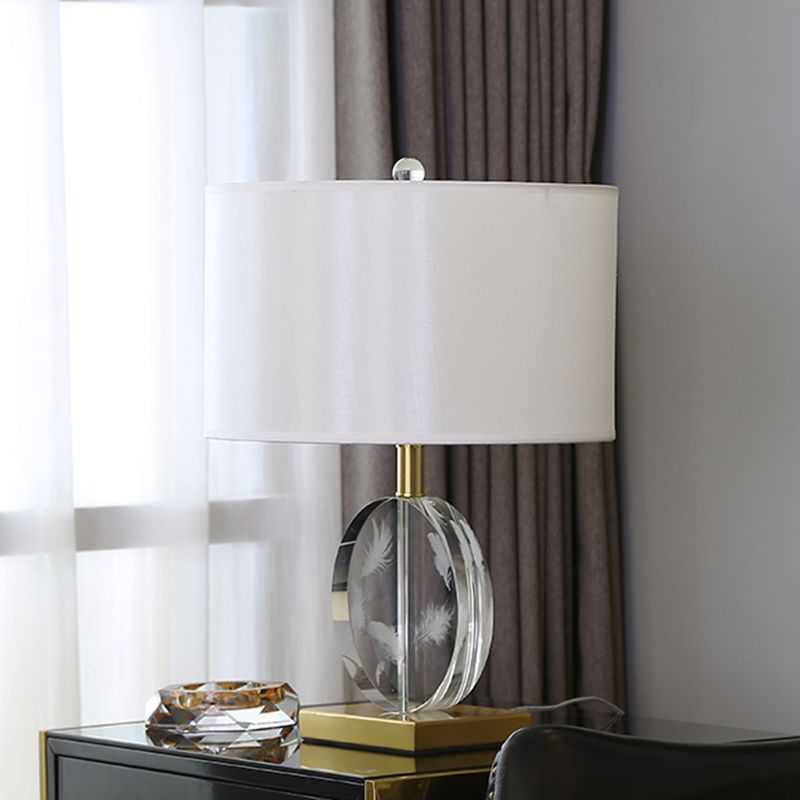 Fabric White Table Light Cylinder Shade 1 Bulb Traditional Night Stand Lamp with Clear Circular Crystal