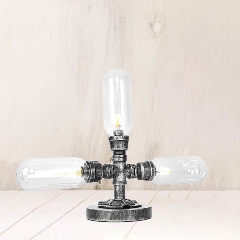 Capsule Clear/Amber Glass Night Light Farmhouse 2/3 Heads Tearoom LED Table Lamp with Pipe Base