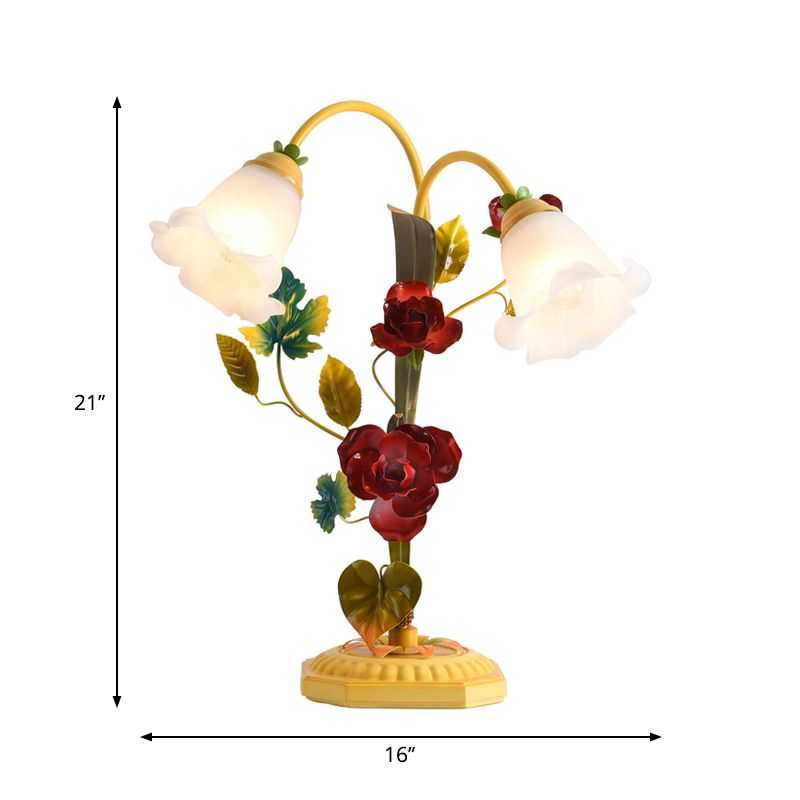 Frosted Glass Yellow Table Lamp Flower Single Bulb Antique Rose Night Light with Arched Arm