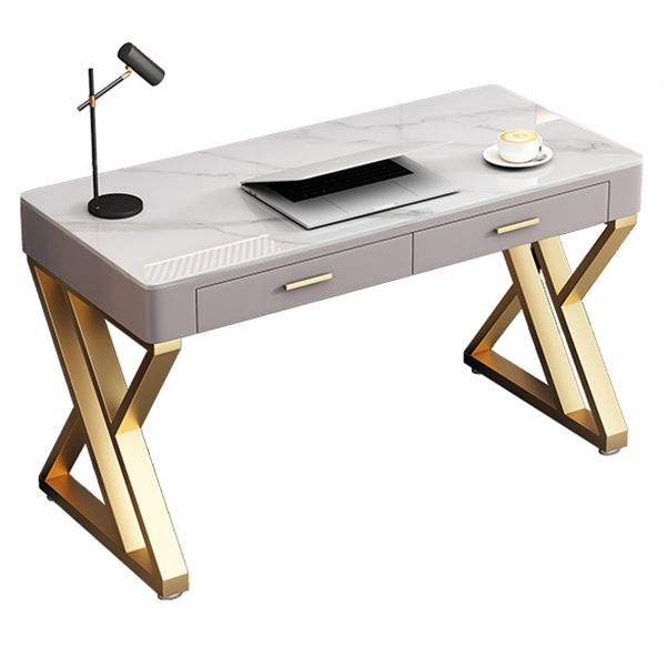 White Glam Writing Desk Rectangular Office Desk with Drawers