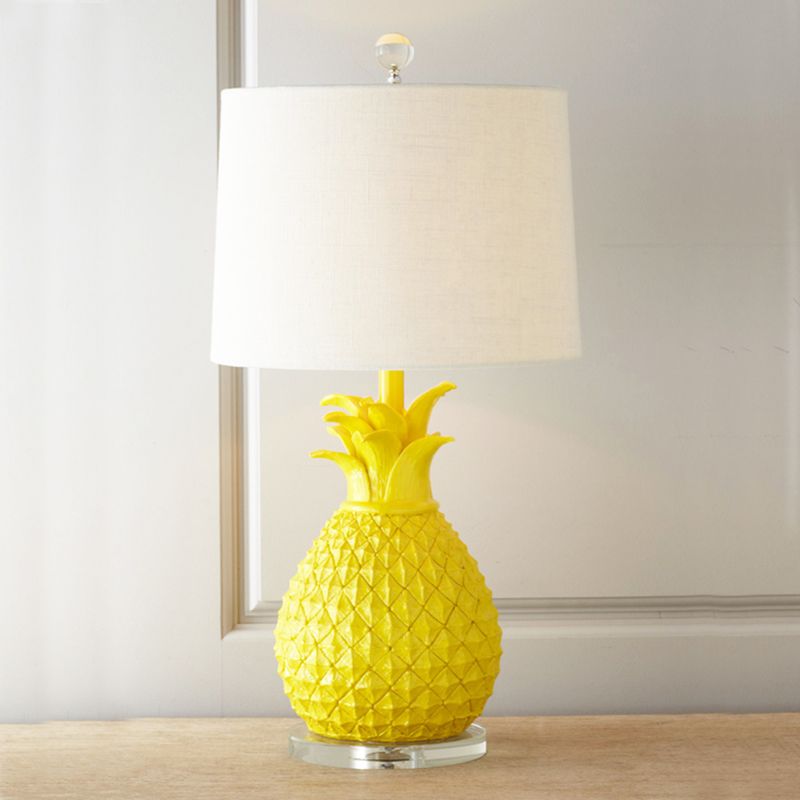 Resin Pineapple Night Lighting Cartoon 1 Bulb White/Yellow Table Lamp with Drum Fabric Shade