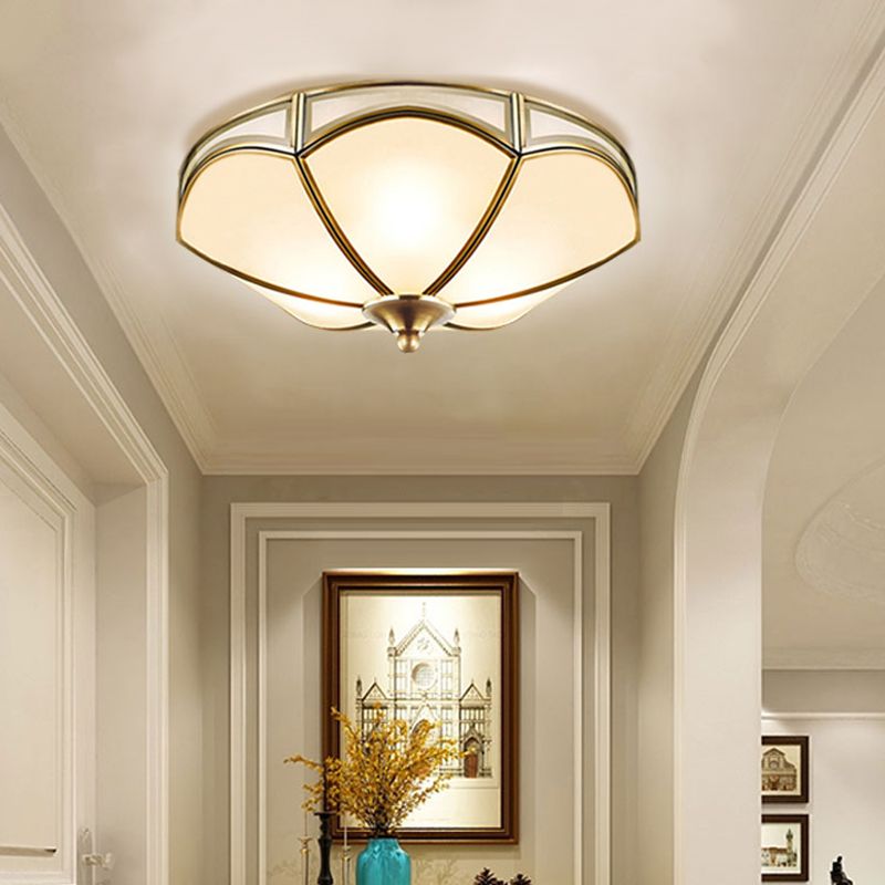 Frosted White Glass Brass Ceiling Flush Scallop 3 Heads Colonialist Flush Mount Lamp for Hallway