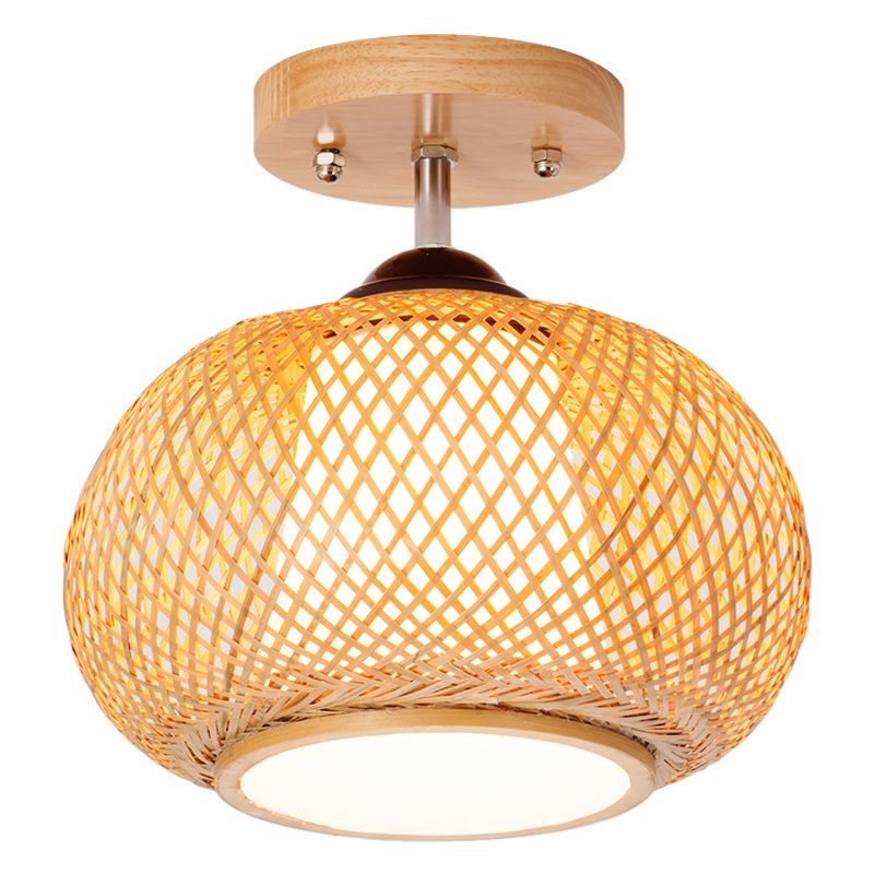 Globe Semi Flush Mount Japanese Rattan Ceiling Mount Chandelier for Bedroom