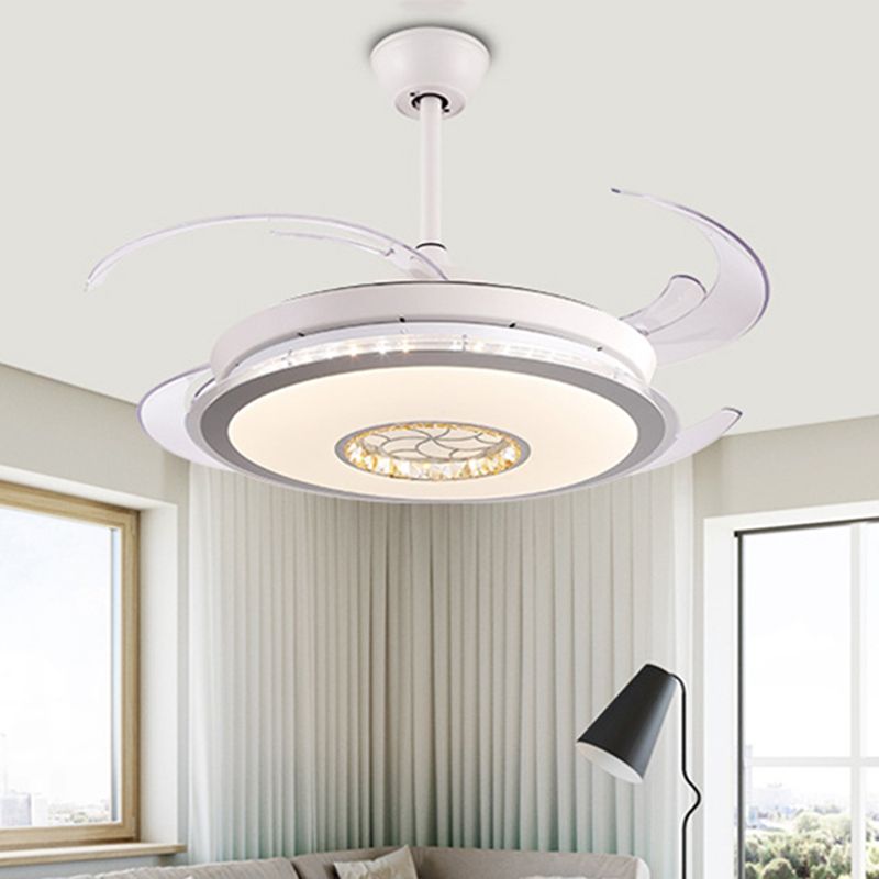 48" W LED Circle Semi Flush Lighting Modernism White Acrylic 4 Clear Blades Ceiling Pendant Fan Lamp for Bedroom