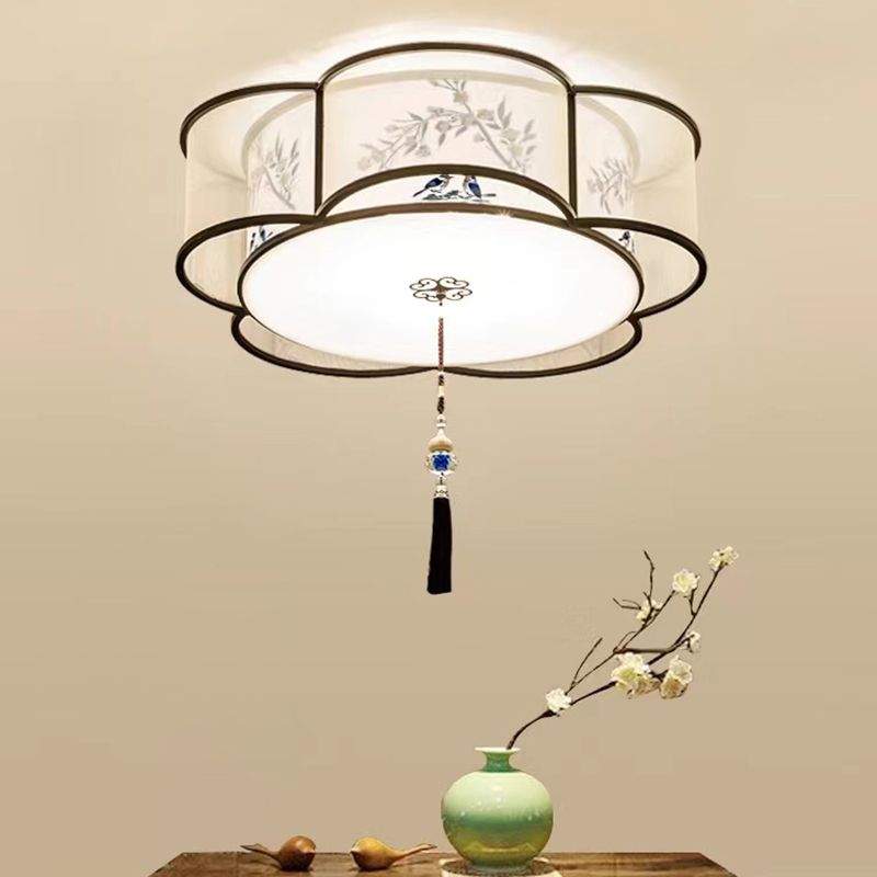 New Chinese Style Ceiling Light Geometry Shape Ceiling Lamp with Fabric Shade for Bedroom