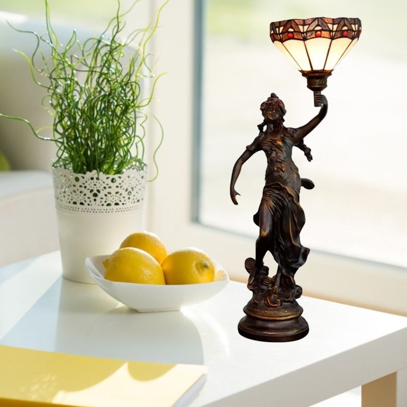 Single Scalloped/Cone Shade Table Light Tiffany Yellow/White-Brown Glass Nightstand Lamp with Greek Woman Statue