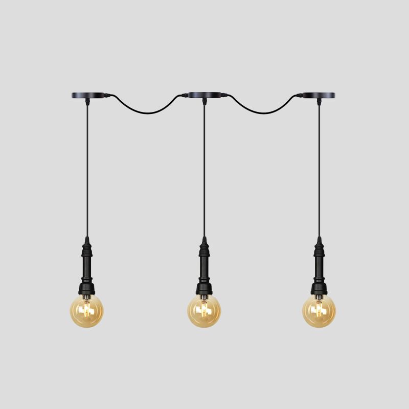 Amber Glass Ball Meerdere hangende licht Vintage 3/5/7-Licht koffiehuis tandem LED plafond hanger lamp in zwart