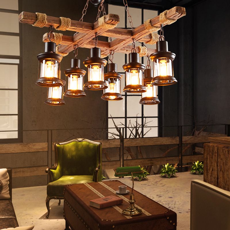 8 Lights Chandelier Nautical Pub Suspension Lighting with Lantern Clear Glass Shade in Wood