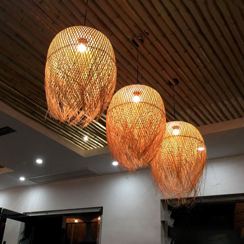 Wood Fringe Hanging Lamp Retro 1 Head Bamboo Ceiling Pendant Light for Restaurant