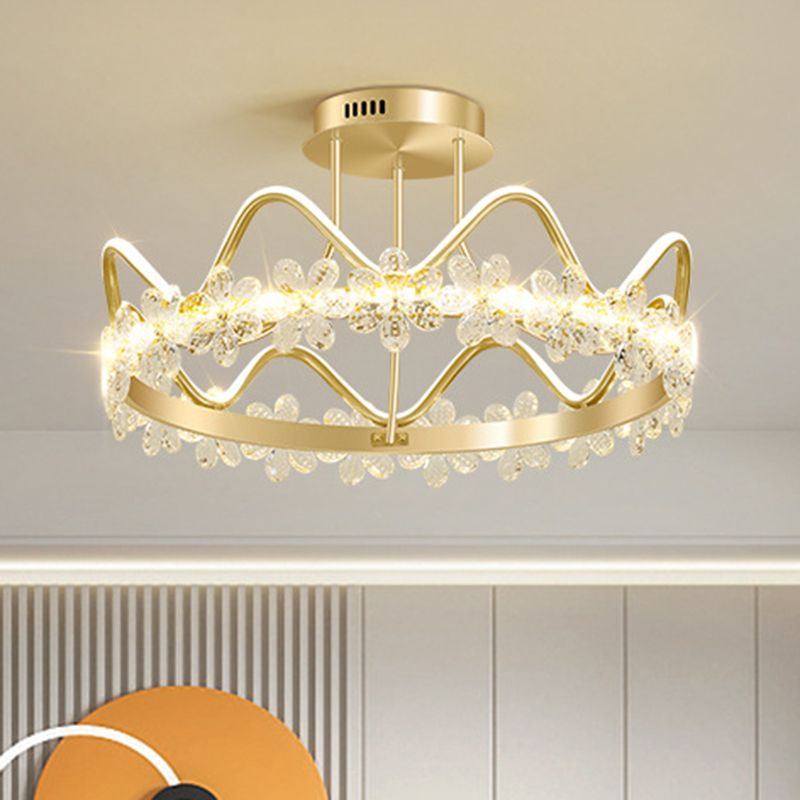 Gold Circular LED Ceiling Fixture Minimalist Flower Crystal Semi Flush Mount Light for Bedroom