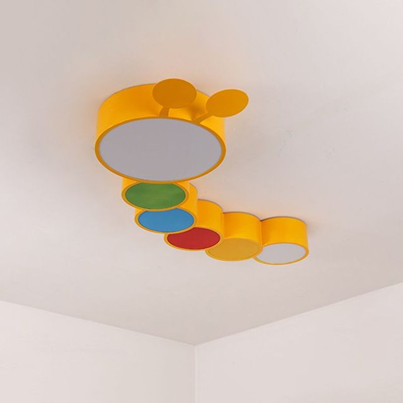 Cartoon Caterpillar LED Ceiling Lighting Metal Kindergarten Flush Mount Fixture in Yellow