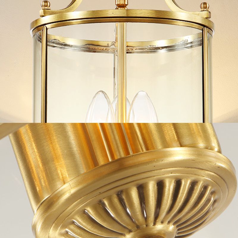 Cylinder Chandelier Lighting Minimalist Clear Glass Brass 3 Bulbs Hanging Ceiling Light, 8"/12" Wide