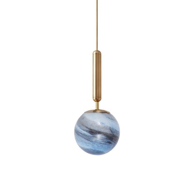 1-Bulb Bedroom Drop Lamp Modern Brass Pendant Lighting Fixture with Ball Tan/Blue Glass Shade