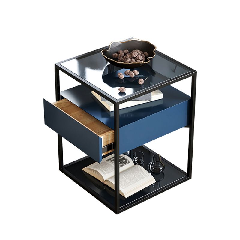 Industrial Drawers Included Bedside Cabinet Glass and Metal Nightstand for Bedroom