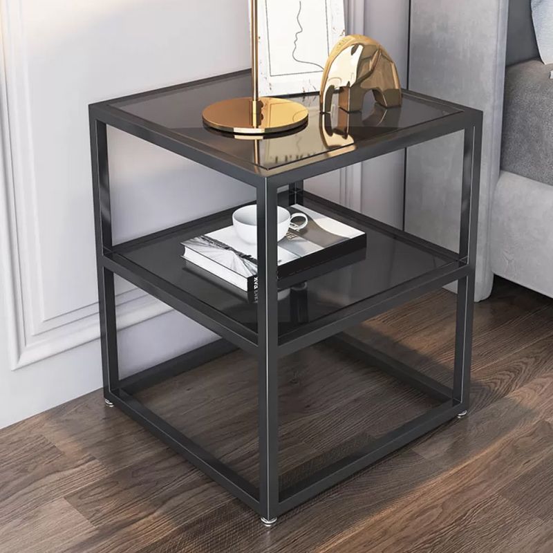 Industrial Open Storage Bed Nightstand Glass and Iron Night Table with Shelves