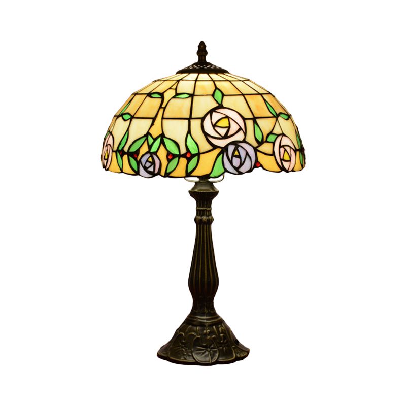 1-Head Bedside Nightstand Lamp Tiffany Bronze Table Light with Rose Patterned Grid Stained Glass Shade