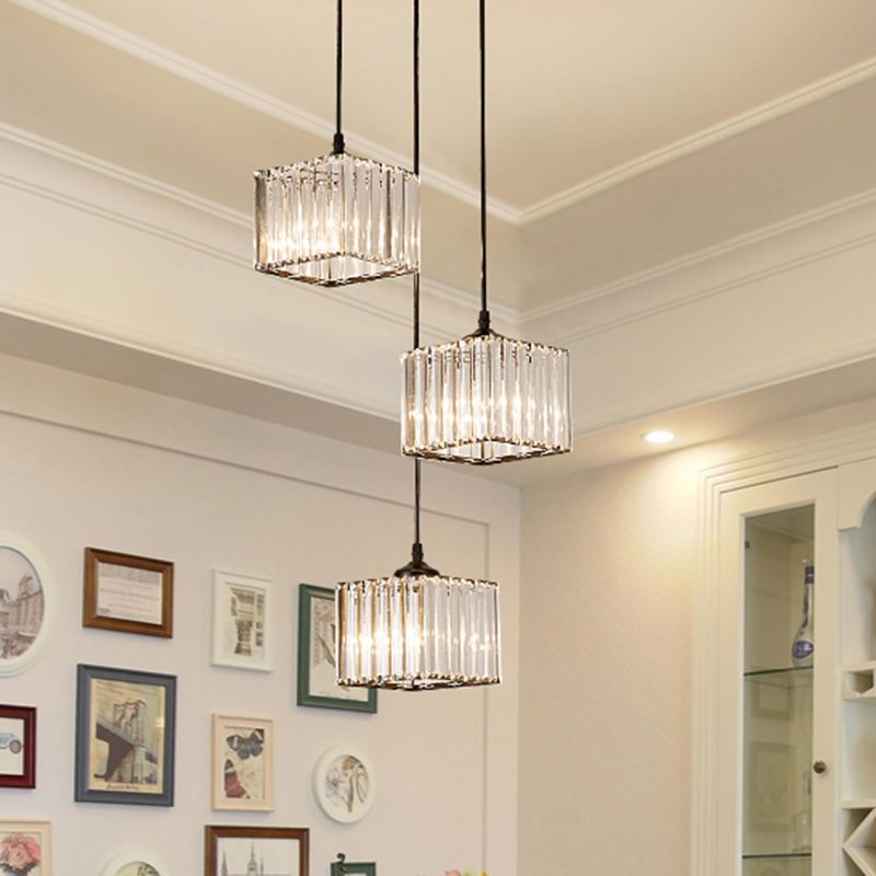 Square Crystal Cluster Pendant Light Simplicity 3-Bulb Dining Room Ceiling Hang Light in Black