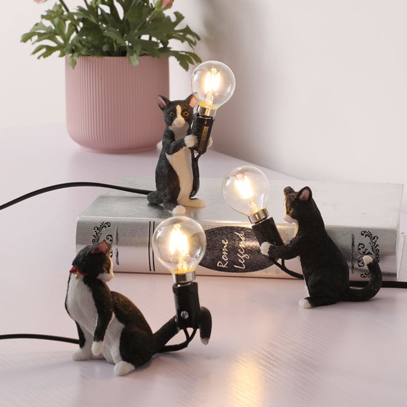 Tabby Cat Holder Table Lamp Kids Iron 1 Bulb Black/Yellow/Blue Nightstand Light with Bare Bulb Design