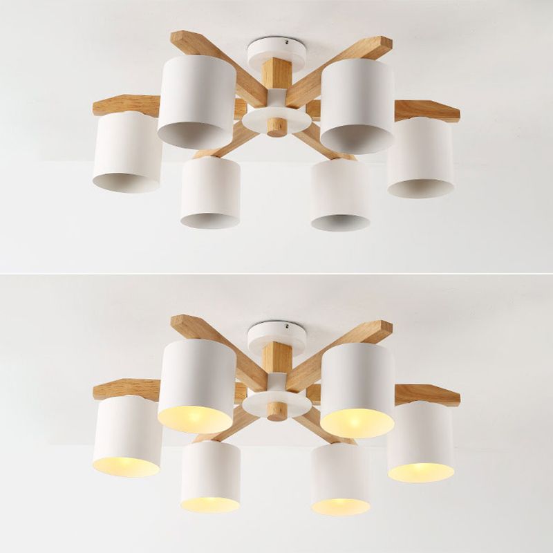 Modern Concise Macaron Semi Flush Mount Wooden Sputnik Ceiling Light with Wrought Iron Shade