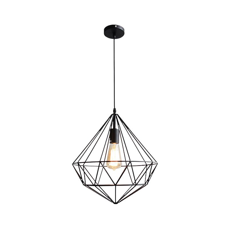 Diamond Cage Iron Hanging Lamp Vintage Single-Bulb Dining Room Hanging Light in Black