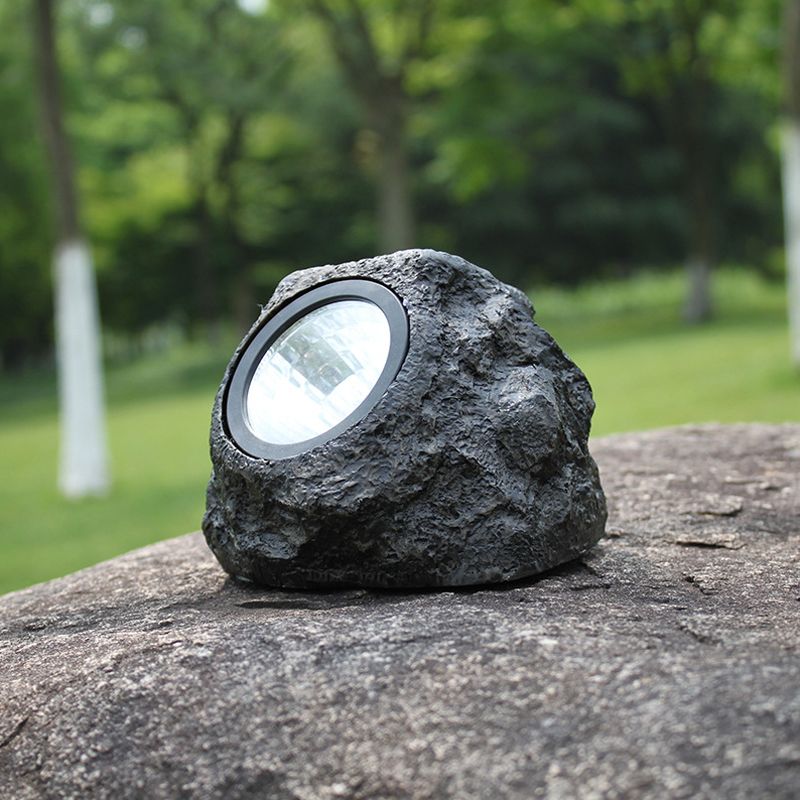 Black Stone Shaped Solar Pathway Lamp Artistic Resin LED Lawn Spotlight for Outdoor