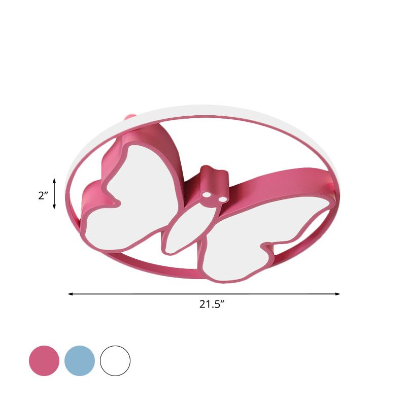 Butterfly Flush Mount Light Kids Acrylic White/Pink/Blue LED Ceiling Fixture with Glow Hoop in Warm/White Light