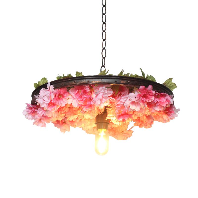 1 Head Iron Pendant Light Farmhouse Pink/Blue Flower Restaurant Hanging Lamp with Wagon Wheel Design, 8.5"/15"/19" Wide