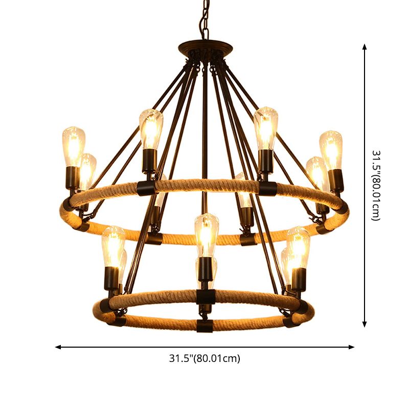 Chandelier Pendant Light Industrial Circular Rope Hanging Pendant Light in Black