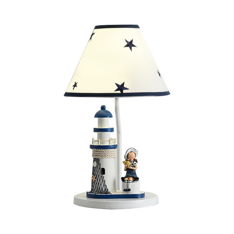 Boy/Girl and Lighthouse Table Light Cartoon Resin 1 Light White/Blue Night Stand Lamp with Tapered Shade