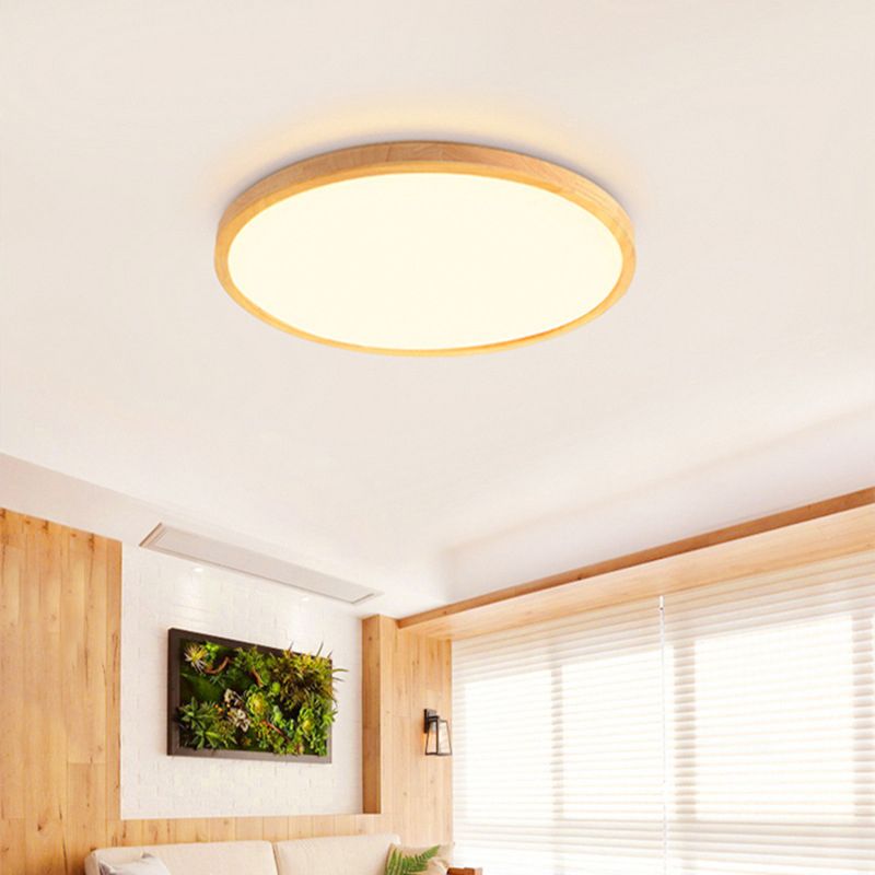 Round Shape Wood Flush Mount Light Modern 1 Light Flush Mount Ceiling Light in Brown