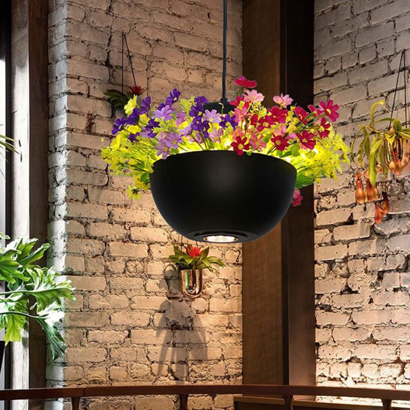 Industrial Bowl Flower Hanging Light 1 Bulb Metal LED Ceiling Suspension Lamp in Black for Restaurant