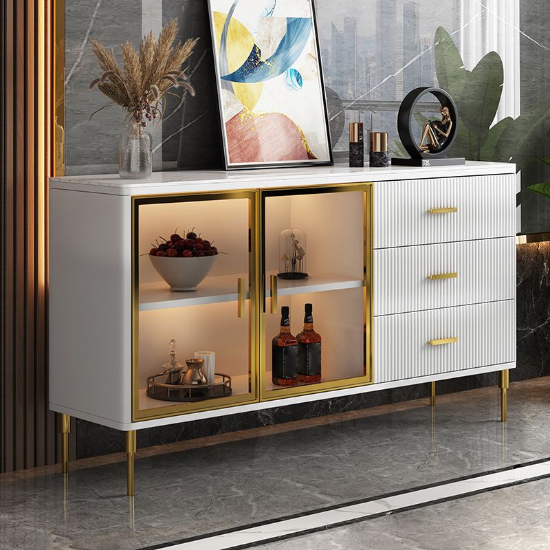 Glam Style Sideboard Stone Dining Room Sideboard with Glass Doors