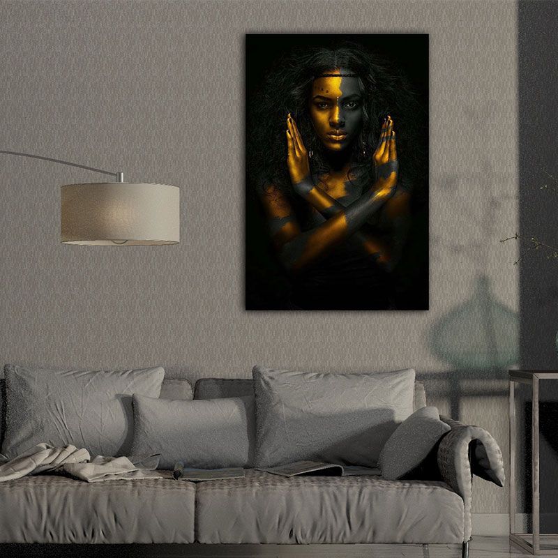 Gold Modern Style Art Print African Woman NO Gesture Wall Decor for Sitting Room