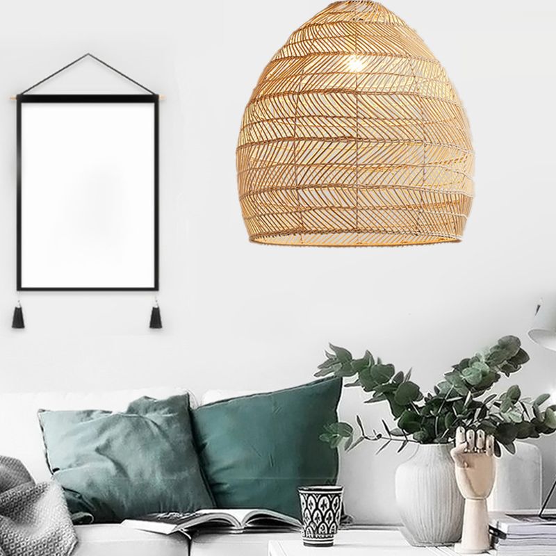 Soggiorno a ciondolo illuminazione cinese beige lampada sospesa con cupola allungata tonalità rattan