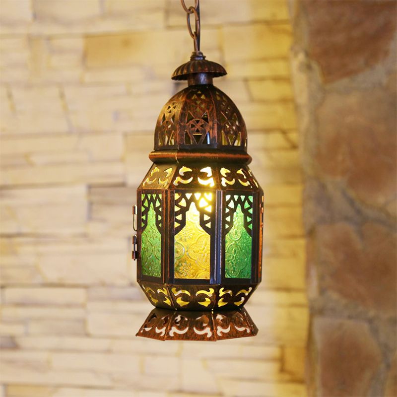 1 Head Stained Glass Down Lighting Bohemia Brass/Copper Lantern Bedside Pendant Ceiling Light