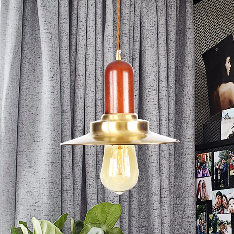 1 Bulb Flat Shape Pendant Lighting Industrial Gold Finish Metallic Ceiling Hang Fixture