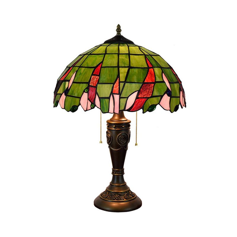 Bronze 2 Heads Table Lamp Tiffany Green Glass Leaf Patterned Bowl Nightstand Light with Pulling Chain