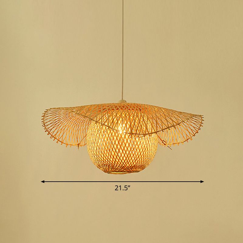 Beige Lotus Leaf Suspension Light Fixture Asian 1 Head Bamboo Hanging Pendant Light